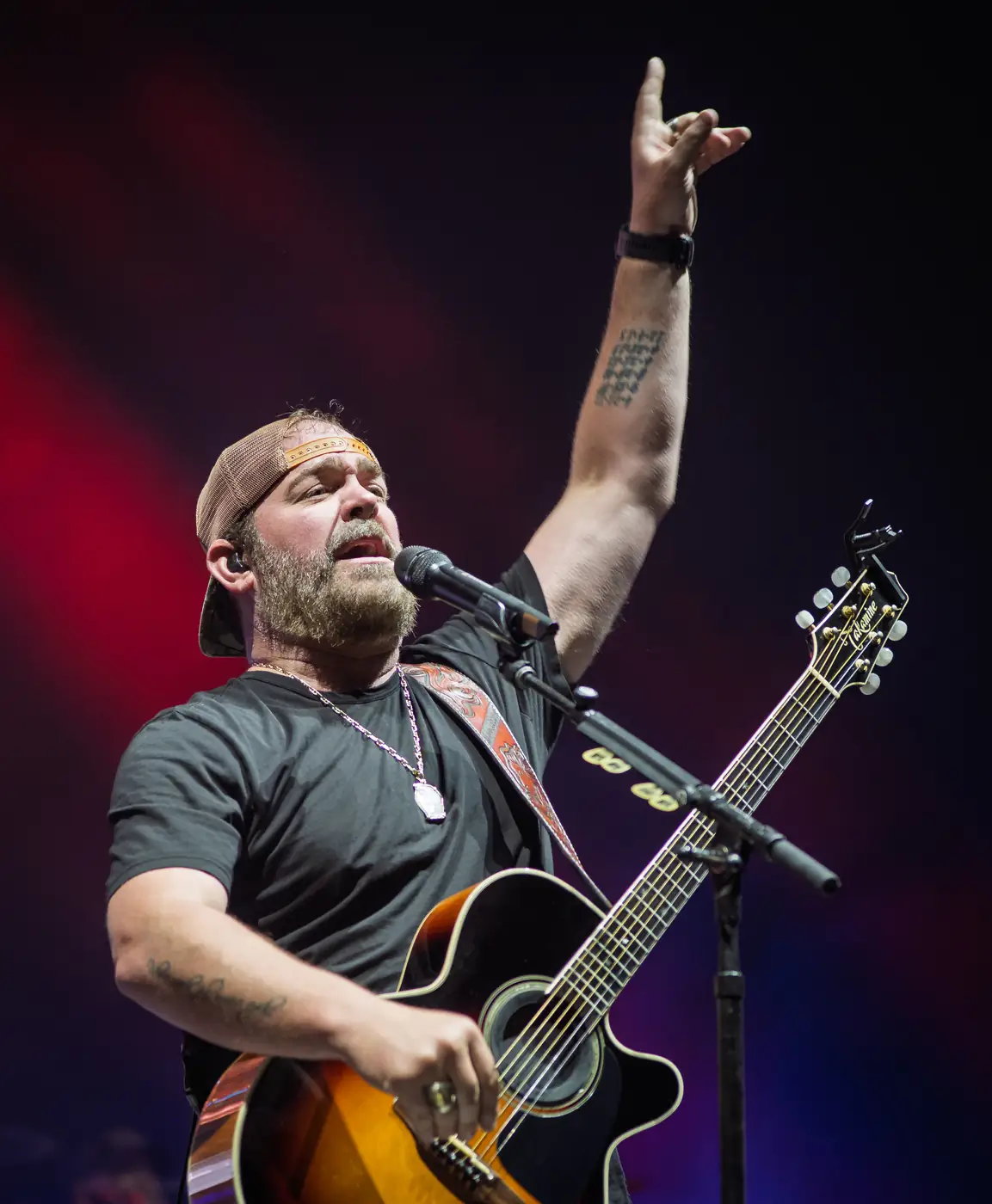 Lee Brice throwing horns in magenta light