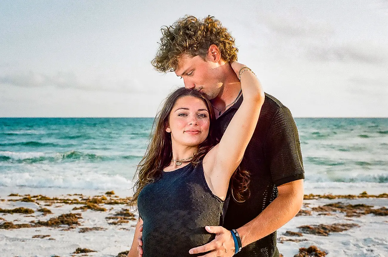 Engagement couple on the beach, shot on film